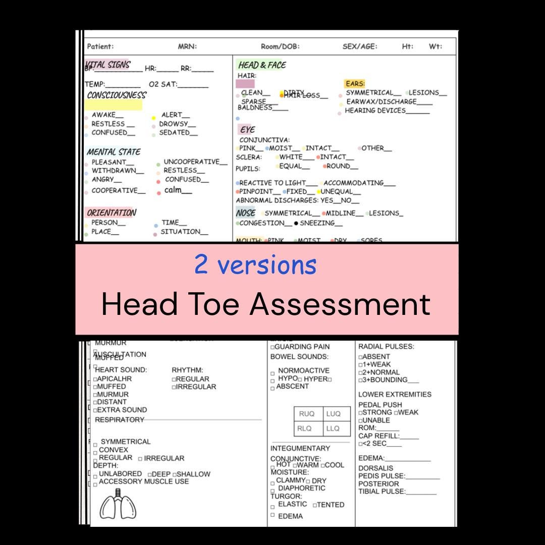 Head to Toe Assessment Sheet (2 Versions), Nursing Student Brain Report ...