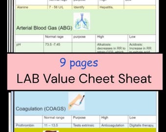 Lab Value Cheat Sheet + ABG + Memory Tricks | 9 Pages PDF instant download, nursing school student note, nurse study guide, NCLEX, clinicals