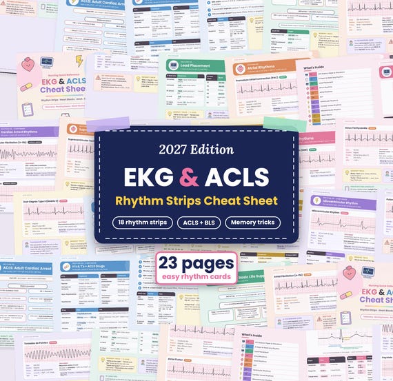 EKG & ACLS Nursing Cheat Sheet, Rhythm Strips, Heart Blocks (PDF)