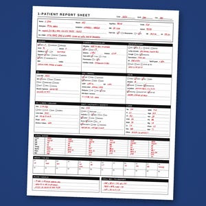 May include: A white 1-Patient Report Sheet document with black printed text and grid lines, featuring handwritten notes in red ink. The form includes sections for patient information, neuro, cardio, respiratory, GI, renal, skin, labs, and vital signs.