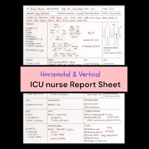 Hoja de informe de enfermería de UCI, UCIC, informe cerebral de estudiante de enfermería, transferencia de cuidados críticos, PDF imprimible (versión vertical + versión horizontal 2)