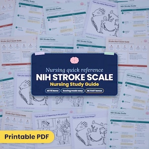 May include: A collection of nursing study guide pages featuring the NIH Stroke Scale. The central dark blue rectangular graphic displays the text Nursing quick reference NIH STROKE SCALE Nursing Study Guide, All 15 items, Scoring made easy, BE FAST bonus.