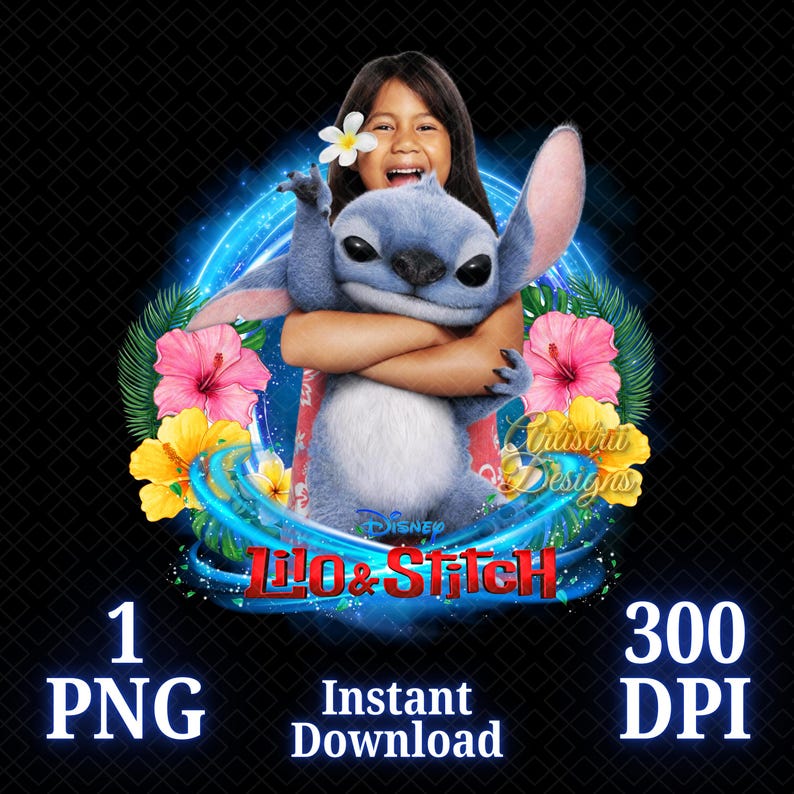 May include: A digital graphic featuring the characters Lilo and Stitch from Disney's Lilo & Stitch. The image shows a girl hugging Stitch, surrounded by tropical flowers and a blue glowing design. Text includes "Lilo & Stitch", "1 PNG", "Instant Download", and "300 DPI".