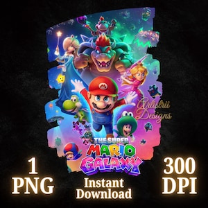May include: A vibrant digital graphic featuring characters from "The Super Mario Galaxy" video game. Mario is in the center, with Bowser and Princess Peach. The image includes the text "The Super Mario Galaxy" and "Instant Download".