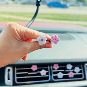 Puede incluir: Una mano sostiene dos ambientadores para coche con forma de flor, uno blanco y otro rosa. El salpicadero del coche tiene varios ambientadores con forma de flor más en las rejillas de ventilación. El fondo muestra una vista borrosa de una carretera y árboles.