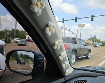 Crochet Daisy Flower Car Accessories - 6 set of Summer Car Decorations, Girly Dashboard Decor