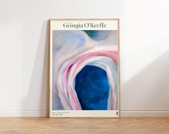 Georgia O&#39;Keeffe Print - Blue and Pink Flower Print - Botanical Pink Abstract Wall Art for Living Room or Office Decor - Floral Wall Art