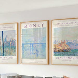 Set of 3 Wall Art - Claude Monet Print Gallery Wall Set - Vintage Ocean Landscape Wall Art for Living Room & Office Decor - Pastel Painting