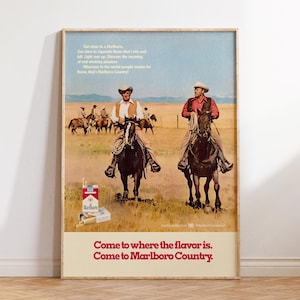 Vintage Marlboro Horseback Riding Ad, Retro Bar Cart Print, Wall Art for Bars, Concession Poster, Classic Cowboy Print, Cigarettes Ad Poster