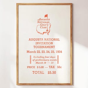 Augusta National Tournament, Retro Golf Ticket Print, Golf Poster, Golf Print, Golf Wall Art, Gift for Golf Fans, Golf Memorabilia