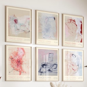 Set of 6 Wall Art Tracey Emin Print - Modern Feminist Wall Art - Pink Abstract Canvas Painting for Living Room Office Wall - Gift for Her