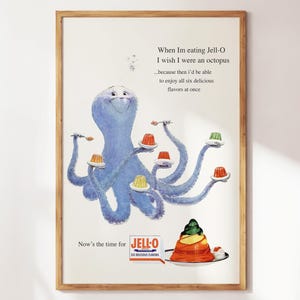 Retro Jello Advertisement, Retro Bar Cart Print, Living Room Decor, Vintage Print, Classic 80s Print, Vintage Jello Print and Purple Octopus