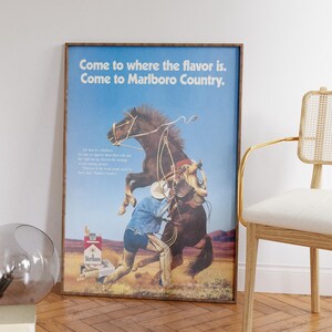 Vintage Marlboro Country Flavor Ad, Retro Bar Cart Print, Wall Art for Bars, Concession Poster, Classic Cowboy Print, Cigarettes Ad Poster
