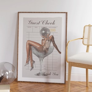Guest Check Print, New Yorker Retro Decor, Vintage Girly Wall Art, Trendy Apartment Decor, Aesthetic Kitchen Print, Disco Ball Art, Cocktail