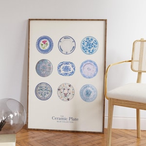 Blue Kitchen Print - Retro Antique Plates Painting - Modern Blue Wall Art for Bar Cart and Living Room Decor - Perfect Home Gifts