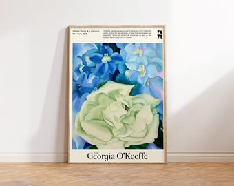 Georgia O&#39;Keeffe Print - White Rose Laskpur Flower Print - Botanical Blue Wall Art for Living Room or Office Decor - Floral Wall Art