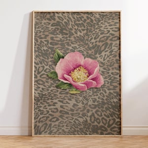 Leopard Print with Cheetah and Retro Flowers, Vintage Girly Wall Art, Trendy Preppy Decor for Bedroom or Apartment, Perfect Gift for Decor