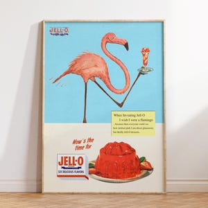 Retro Jello Advertisement, Retro Bar Cart Print, Living Room Decor, Vintage Print, Classic 80s Print, Vintage Jello Print with Pink Flamingo