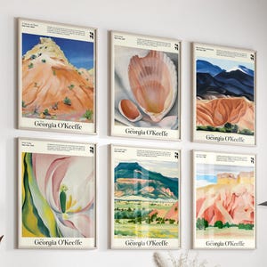 Georgia O'Keeffe Pink Gallery Wall Art - Set of 6 Prints for Mid Century Modern Decor - Large Pink Abstract for Living Room and Office Decor