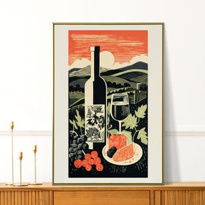 Retro Red Wine Hill Art Print - Kitchen Wall Art Decor Linocut Painting - Modern Food Print - Vintage Bar Cart for Home and Birthday Gifts