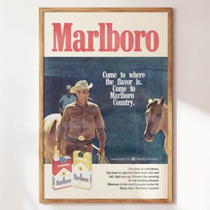 Vintage Marlboro Country Flavor Ad, Retro Bar Cart Print, Wall Art for Bars, Concession Poster, Classic Cowboy Print, Cigarettes Ad Poster