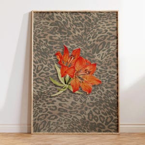 Leopard Print with Cheetah and Retro Flowers, Vintage Girly Wall Art, Trendy Preppy Decor for Bedroom or Apartment, Perfect Gift for Decor