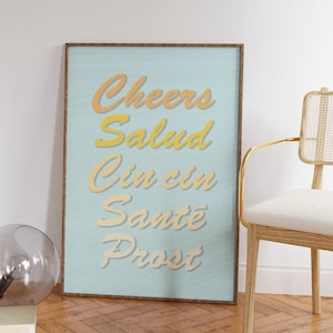 Blue Kitchen Print - Retro Cheers Typography Art for Vintage Home Decor and Bar Cart Art - Food and Drink Wall Art - Home and Birthday Gifts