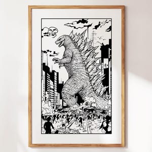 Godzilla Artwork, Fan Made Poster Inspired by Godzilla, Japanese Monster, Japanese Godzilla Illustration, Gojira Poster, Outline Drawing