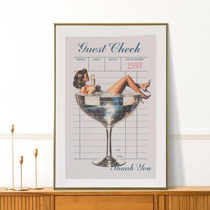 Guest Check Print, New Yorker Retro Decor, Vintage Girly Wall Art, Trendy Apartment Decor, Aesthetic Kitchen Print, Disco Ball Art, Cocktail