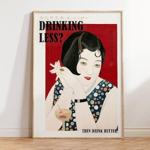 Funny Japanese Wall Art - Drinking Less - Vintage Retro Bar Cart, Living Room and Office Decor - Classic Woman Print for Gifts