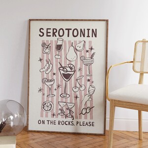 Serotonin on The Rocks, Retro Apartment Decor, Funny Kitchen Wall Art, Cocktails Print, Preppy Bar Cart Art, Girly Wall Art, Illustration