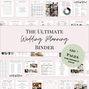 May include: A pink and green graphic with the text "The Ultimate Wedding Planning Binder" and "120+ Pages Fully Editable in Canva!"  The graphic features a collage of images of wedding planning pages, including a budget spreadsheet, a vendor contact list, a seating chart, and a ceremony decor inspiration page.