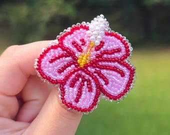 Handmade Beaded Hibiscus Flower Brooch, Pink & Red Floral Pin, Crystal Flower Brooch, Statement Jewelry, Handmade Gift