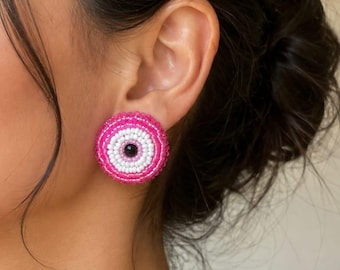 Handmade Pink & White Beaded Evil Eye Stud Earrings
