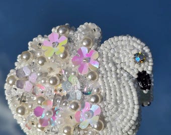 Handmade Beaded Swan Brooch: Pearl & Sequin Embroidery Pin