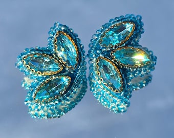 Aqua Blue Crystal Butterfly Beaded Earrings | Handmade Statement Jewelry | Sparkly Seed Bead Gift