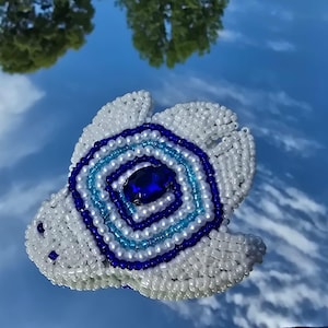 Handmade Beaded Turtle Brooch White and Blue Sea Turtle Pin Ocean Inspired Jewelry Perla Store Designs