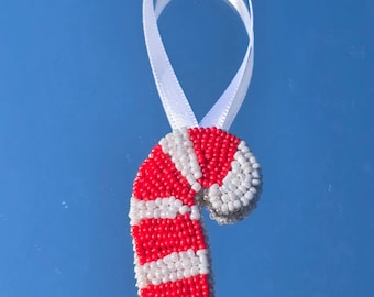 Beaded Candy Cane Ornament - Handmade Christmas Tree Decoration