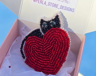 Cat with Heart Beaded Brooch - Handmade Pin