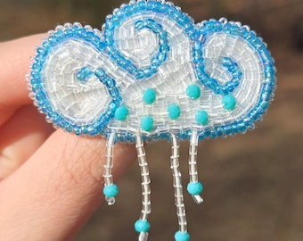 Beaded Cloud Brooch – Handmade Blue White Cloud Pin, Weather Jewelry, Kawaii Accessory