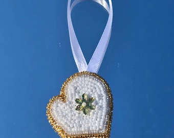 White Beaded Mitten Ornament - Green Gem Flower Christmas Decor