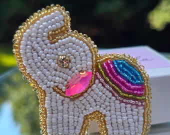 Handmade Beaded Elephant Brooch, White Elephant Pin, Colorful Rainbow Crystal Brooch, Cute Animal Statement Jewelry