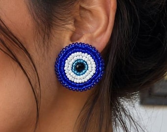 Handmade Beaded Evil Eye Earrings – Blue Eye Statement Jewelry