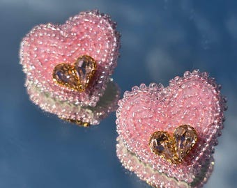 Handmade Pink Beaded Heart Earrings: Crystal Accent, Romantic Jewelry