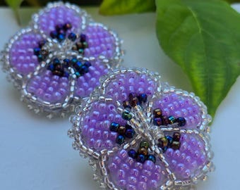Beaded Purple Flower Earrings - Iridescent Floral Seed Bead Jewelry
