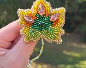 Handmade Beaded Maple Leaf Brooch with Crystal Drop, Autumn Leaf Pin, Sparkly Nature Jewelry