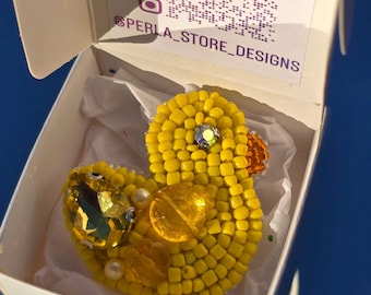 Yellow Beaded Duck Brooch Handmade