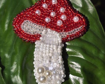 Handmade Beaded Mushroom Brooch: Red, White, & Pearl Embroidery