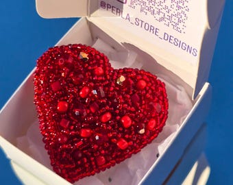 Red Beaded Heart Brooch Handmade  Valentine Gift