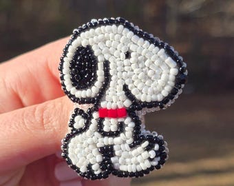 Snoopy Inspired Beaded Brooch | Handmade Dog Pin | Cartoon Seed Bead Badge